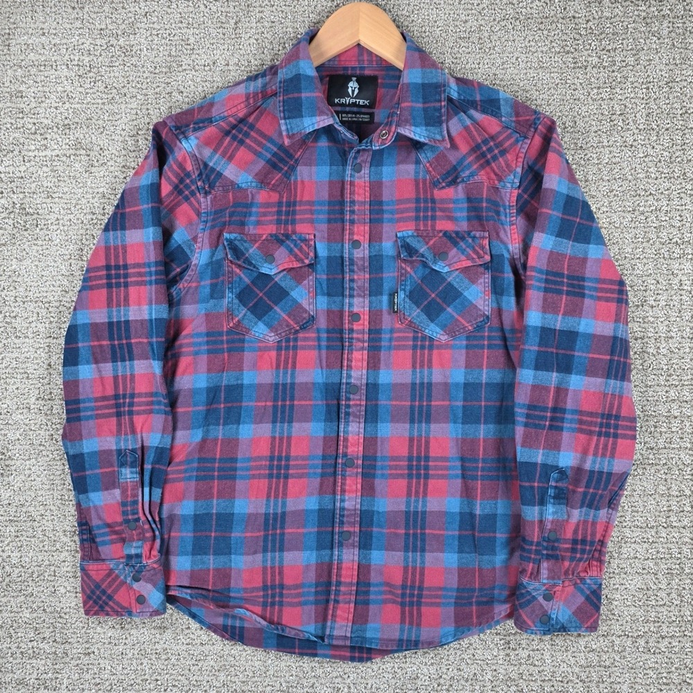 Kryptek‎ Mens Medium Red Blue Plaid Flannel Snap Button Western Shirt